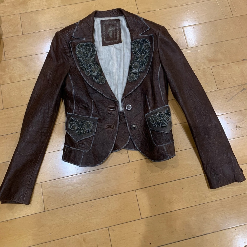 Woman’s leather jacket, embroidered